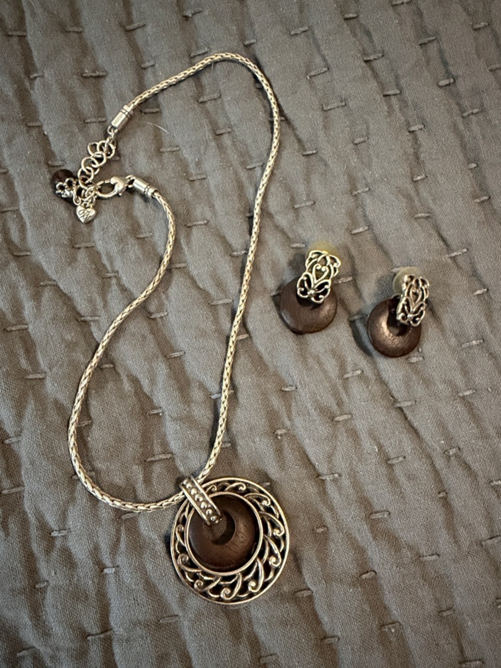 Brighton Silver-Tone Swirl Pendant Necklace with Dark Brown Wood Accents